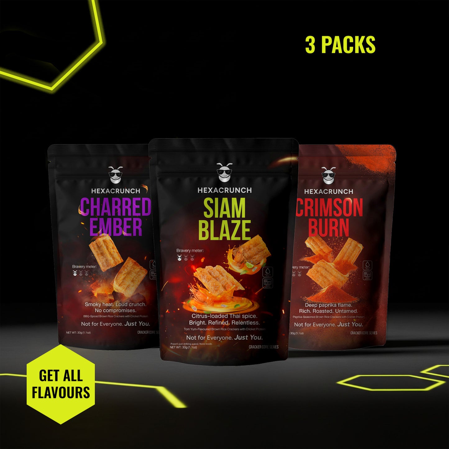 HexaCrunch 3-pack cricket protein crackers – Charred Ember BBQ, Siam Blaze Tom Yum, Crimson Burn Paprika flavours in sleek black pouches.