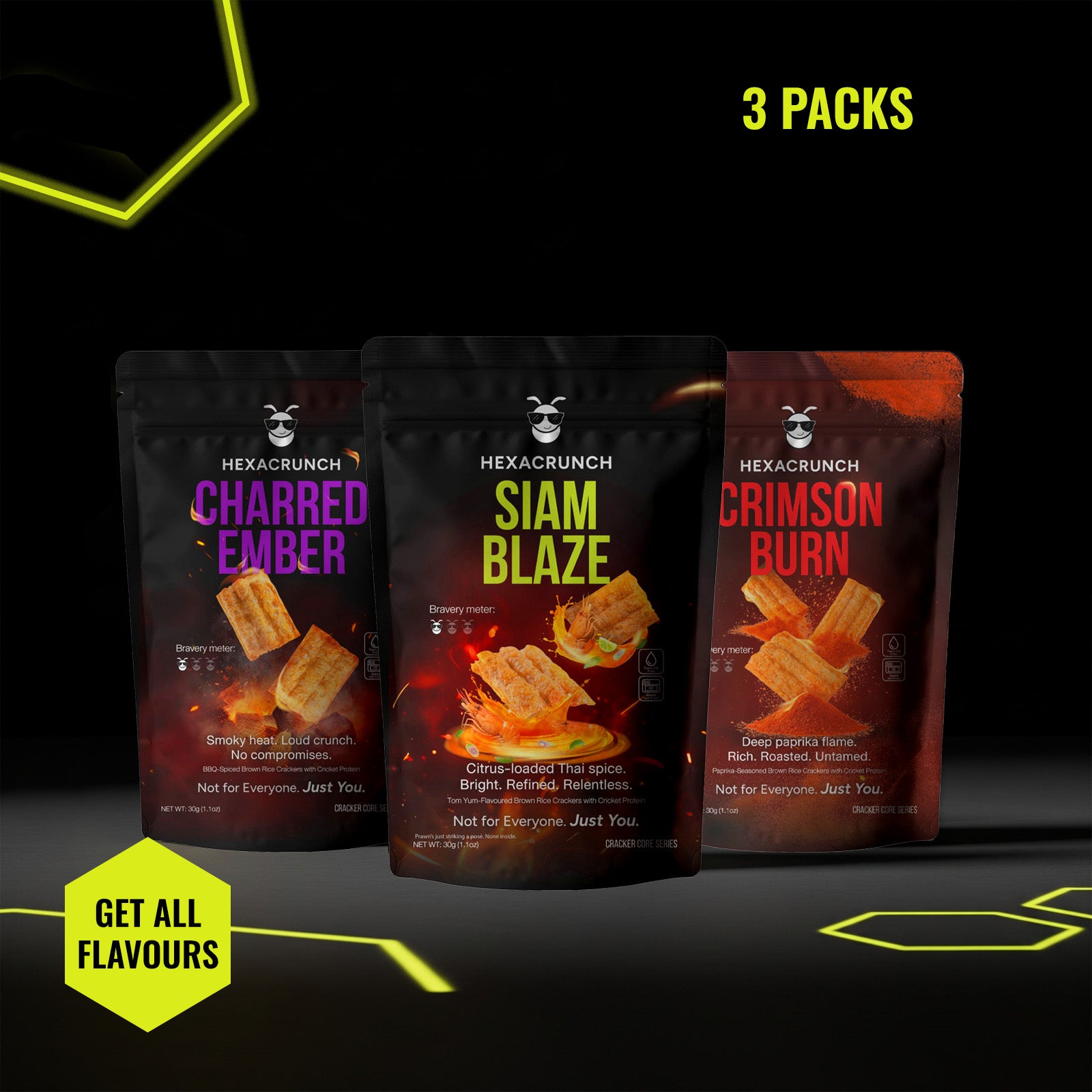 HexaCrunch 3-pack cricket protein crackers – Charred Ember BBQ, Siam Blaze Tom Yum, Crimson Burn Paprika flavours in sleek black pouches.