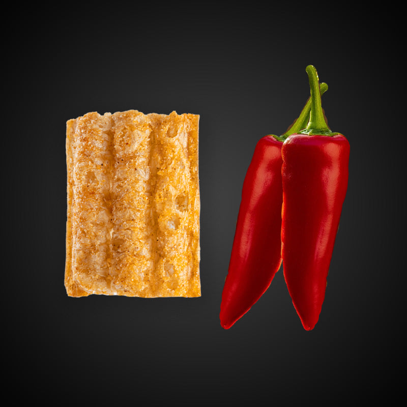 HexaCrunch Crimson Burn Paprika – cricket protein cracker with smoky red chili heat and bold roasted flavour.