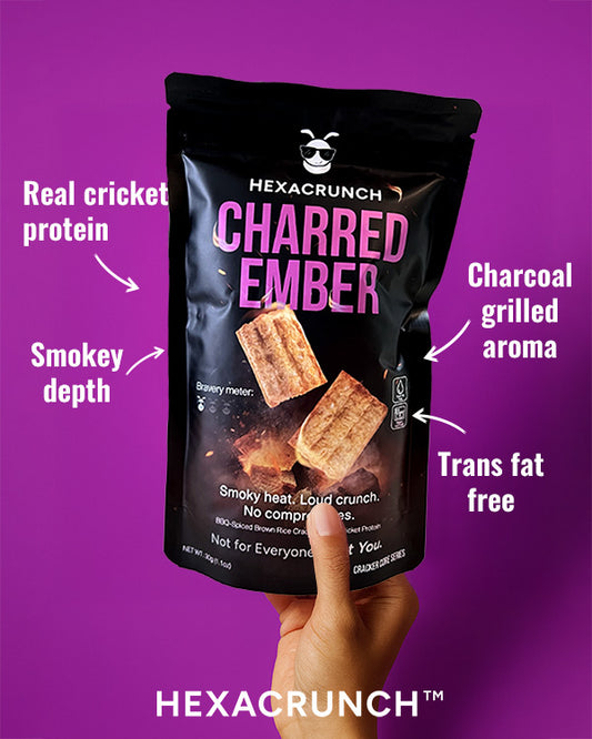 Hexacrunch Charred Ember protein snack package on a purple background