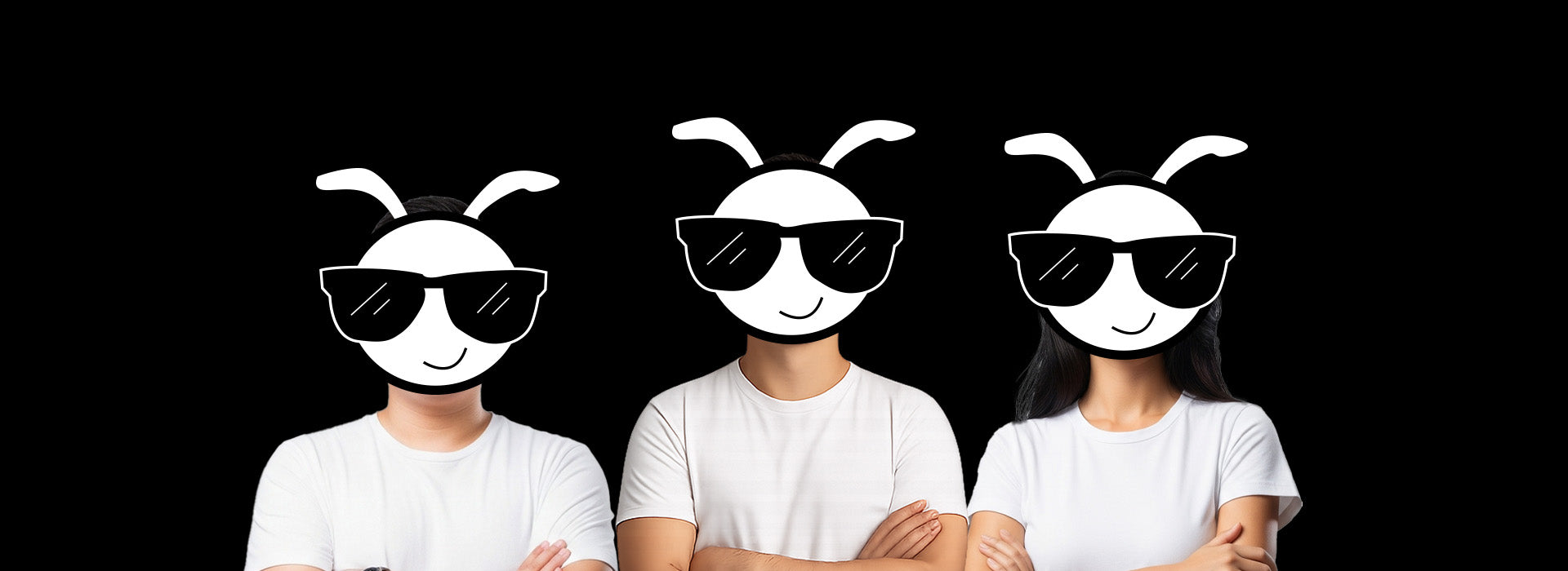 HexaCrunch team – creative insect snack brand makers shown with fun insect mascot faces and sunglasses