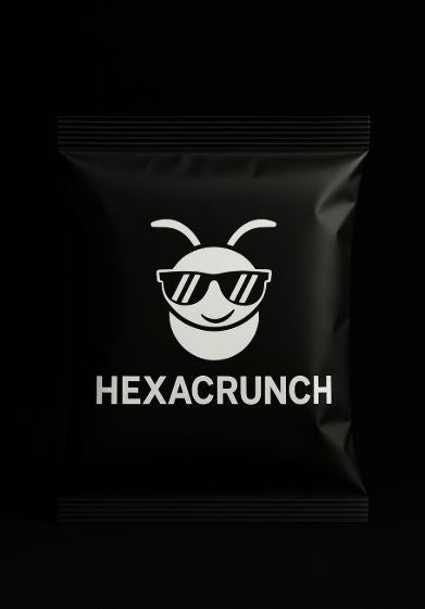 HexaCrunch black snack pouch with logo – insect-protein snack packaging featuring smiling mascot in sunglasses.