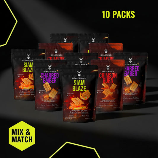 HexaCrunch 10-pack mix & match – cricket protein crackers in black pouches, Charred Ember BBQ, Siam Blaze Tom Yum, Crimson Burn Paprika.