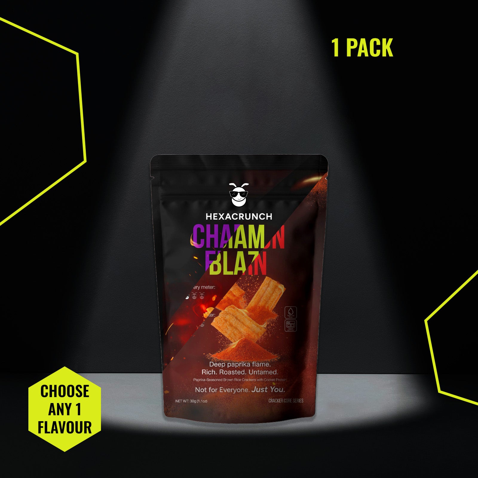 HexaCrunch 1-pack cricket protein crackers – golden baked insect snack in sleek black pouch, available in 3 flavours.