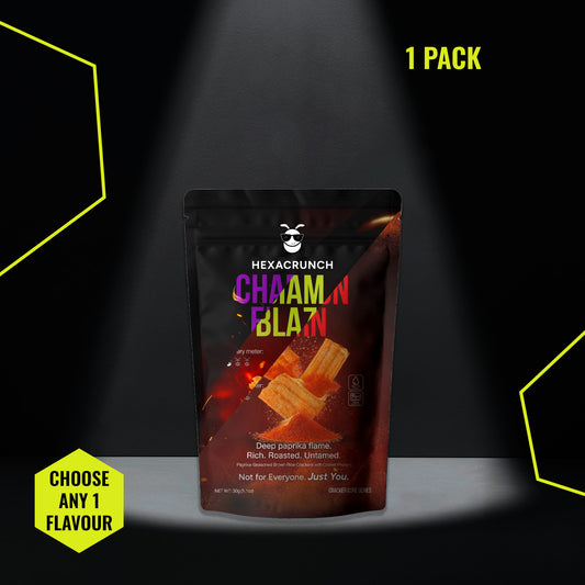 HexaCrunch 1-pack cricket protein crackers – golden baked insect snack in sleek black pouch, available in 3 flavours.