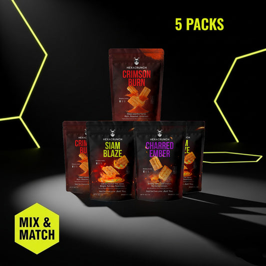 HexaCrunch 5-pack mix & match – cricket protein crackers in black pouches, BBQ, Tom Yum, and Paprika flavours.