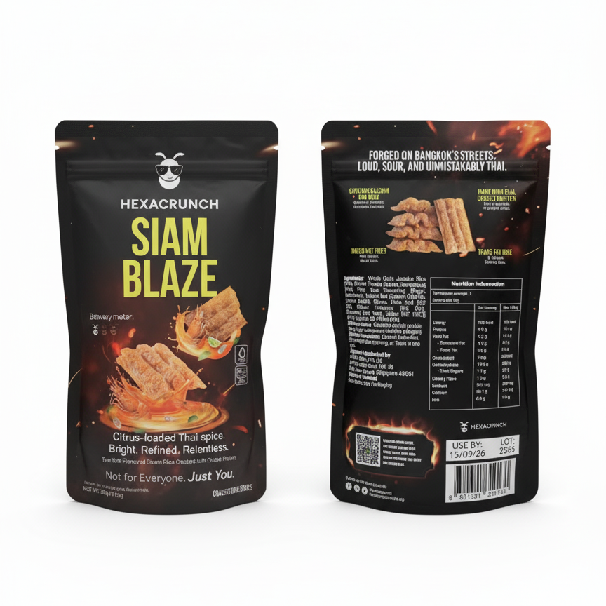Hexacrunch Siam Blaze snack package with front and back views on a white background