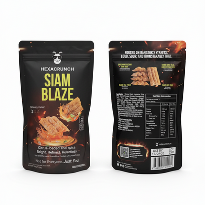 Hexacrunch Siam Blaze snack package with front and back views on a white background