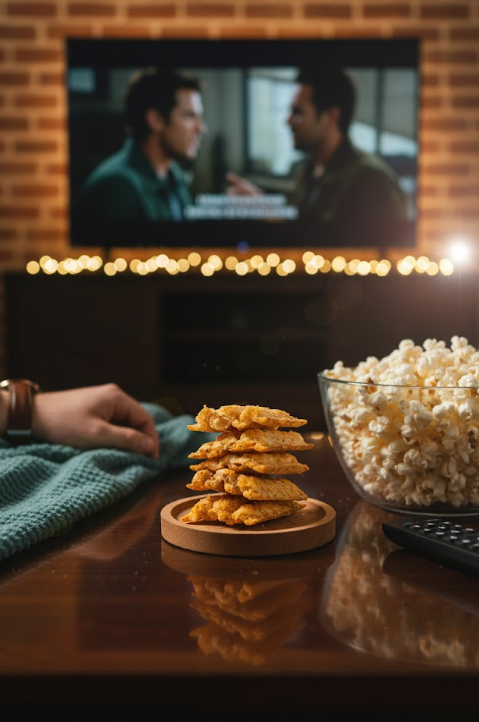 Popcorn and hexacrunch crackers on a table with a TV showing movie.