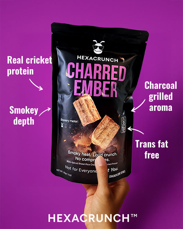 Hexacrunch Charred Ember protein snack package on a purple background