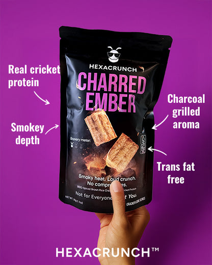 Hexacrunch Charred Ember protein snack package on a purple background