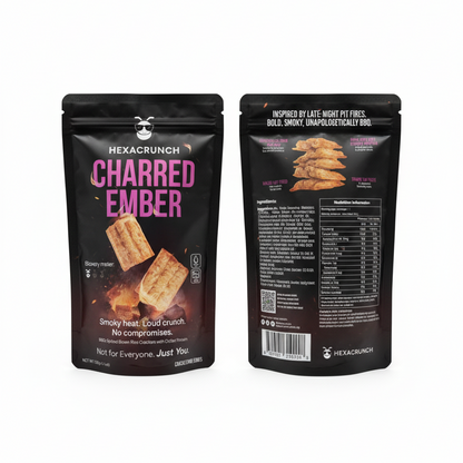 Hexacrunch Charred Ember snack package with front and back views on a white background