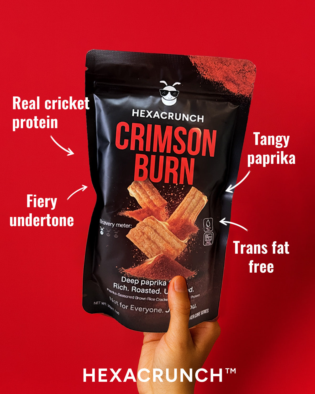 Hexacrunch Crimson Burn snack package with text highlighting features on a red background