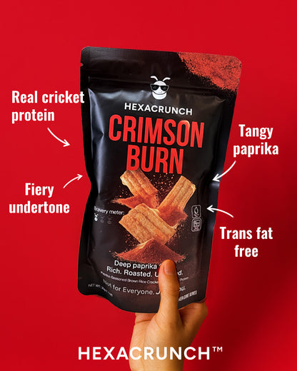 Hexacrunch Crimson Burn snack package with text highlighting features on a red background