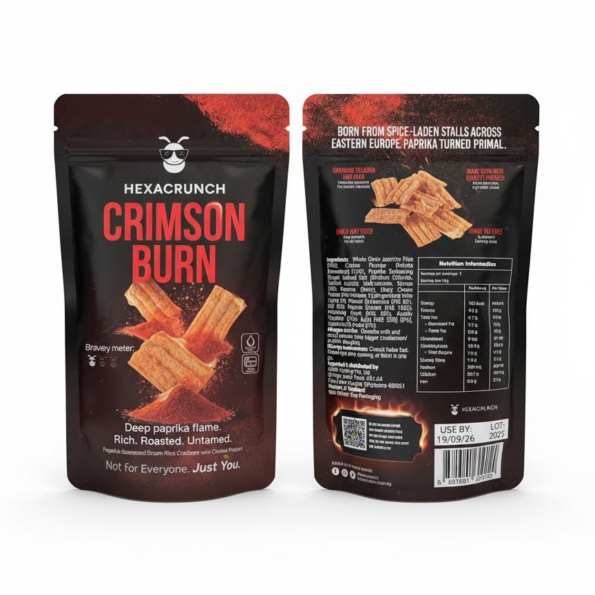 Hexacrunch Crimson Burn snack package with front and back views on a white background