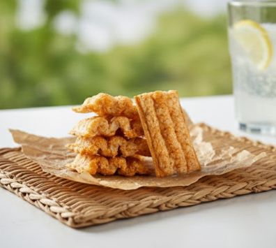Stack of hexacrunch crackers on a woven mat with a blurred outdoor background