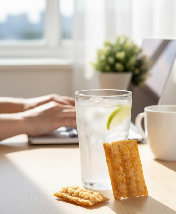 Glass of water with a lime wedge, hexacrunch crackers, and a cup on a working desk with a blurred background